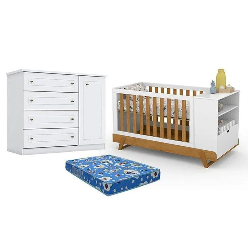 Berço Multifuncional Bkids Branco Freijó Eco Wood - Matic E Cômoda Infantil Americano Branco Hp E Colchão Ortobom - Henn