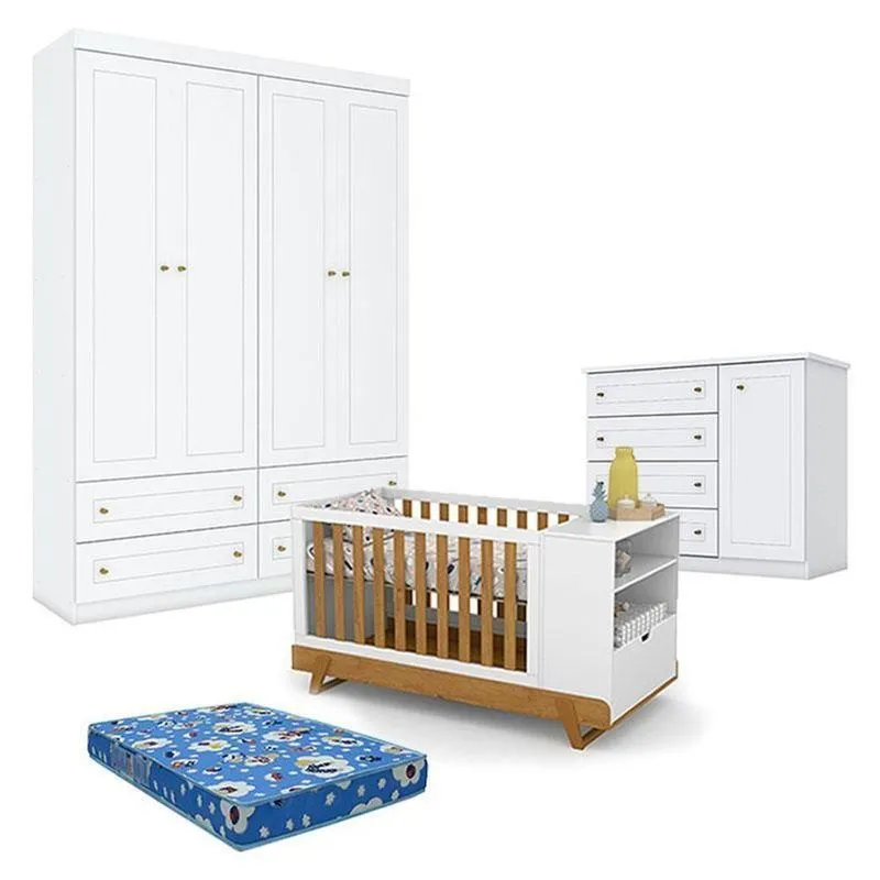 Quarto De Bebê Americano 4 Portas Comberço Multifuncional Bkids Branco Freijó Eco Wood - Matic- Henn E Colchão Ortobom