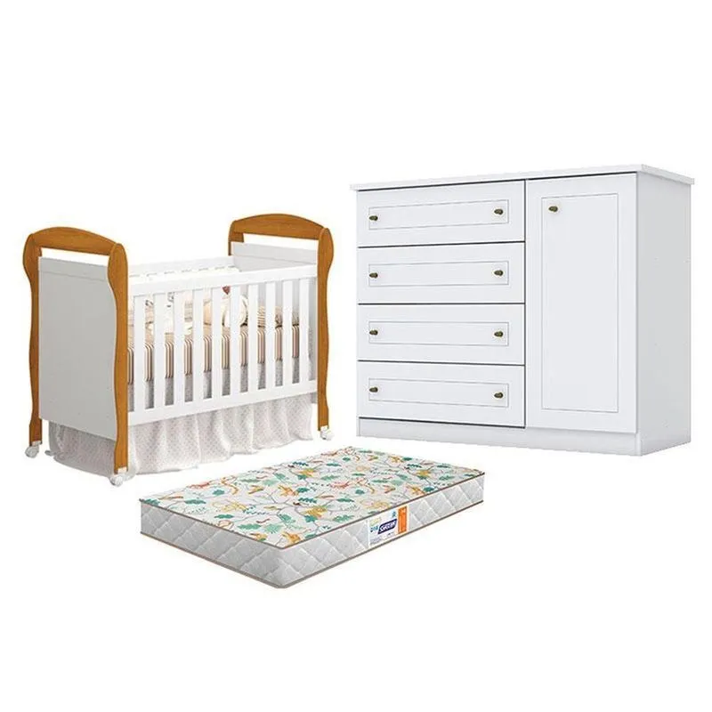 Berço Americano Danny Branco Acetinado Savana Reller E Cômoda Infantil Americana Branco Hp E Colchão Gazin - Henn
