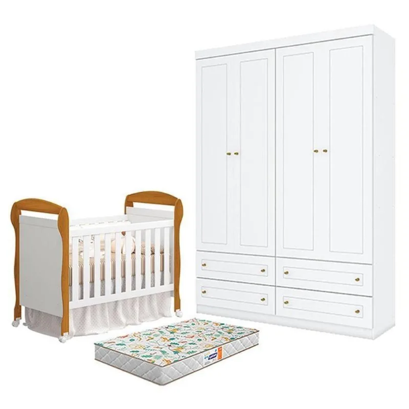 Conjunto Berço Americano Danny Branco Acetinado Savana Reller e Guarda Roupa Infantil 4 Portas 4
