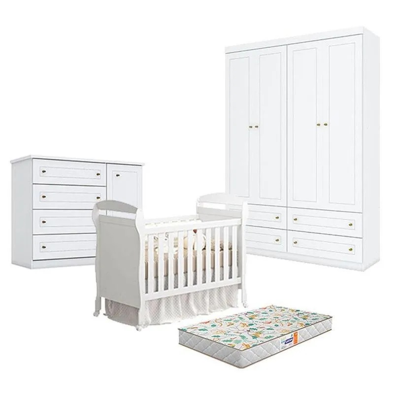 Quarto De Bebê Americano 4 Portas Com Berço Danny Branco Acetinado Reller E Colchão Gazin - Henn