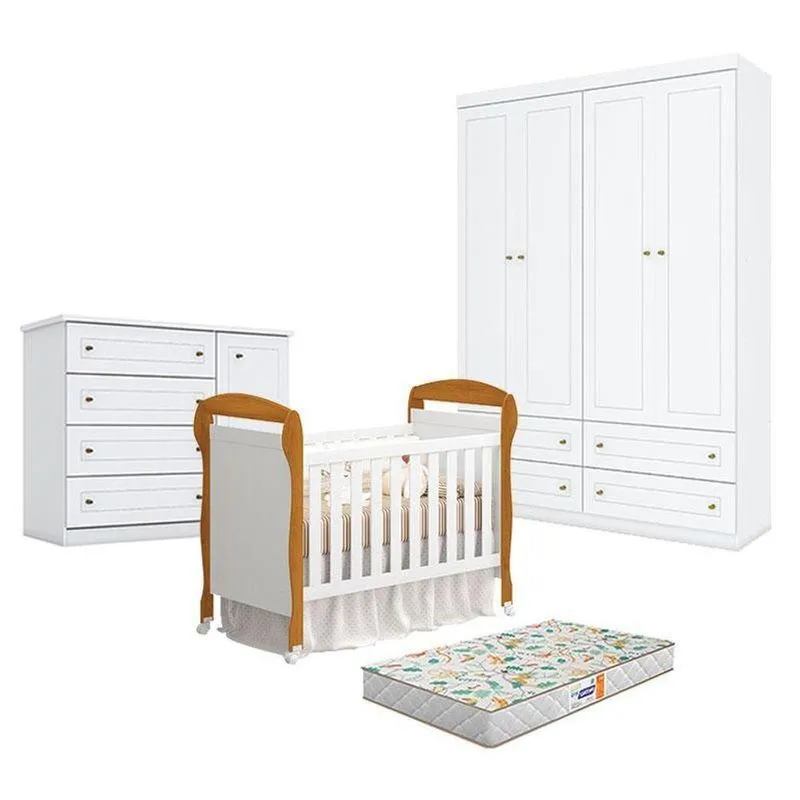 Quarto De Bebê Americano 4 Portas Com Berço Danny Branco Acetinado Savana Reller E Colchão Gazin - Henn