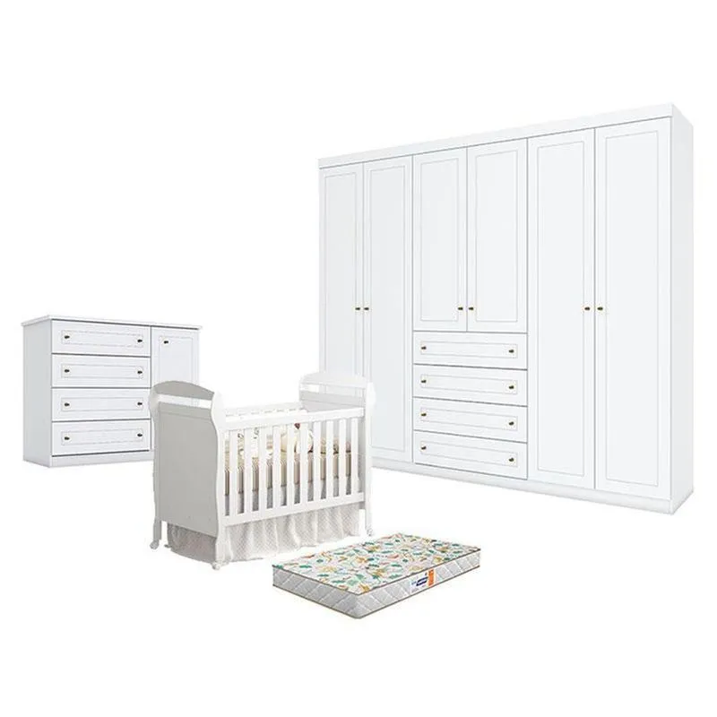 Quarto De Bebê Americano 6 Portas Com Berço Danny Branco Acetinado Reller E Colchão Gazin - Henn