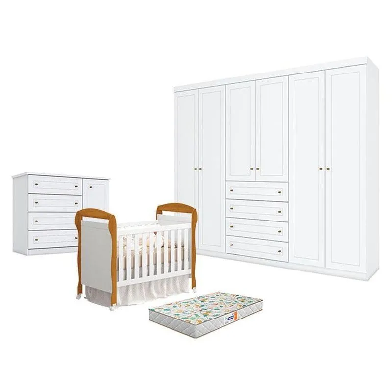 Quarto De Bebê Americano 6 Portas Com Berço Danny Branco Acetinado Savana Reller E Colchão Gazin - Henn