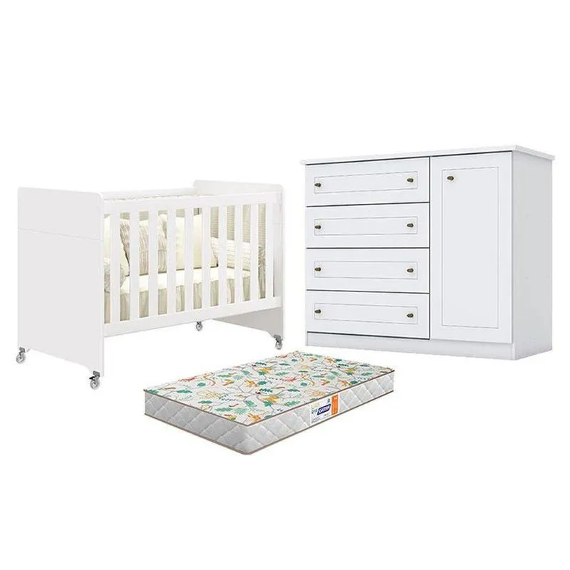 Berço Americano Evolution 4 Em 1 Branco Acetinado Reller E Cômoda Americano Branco Hp E Colchão Gazin - Henn