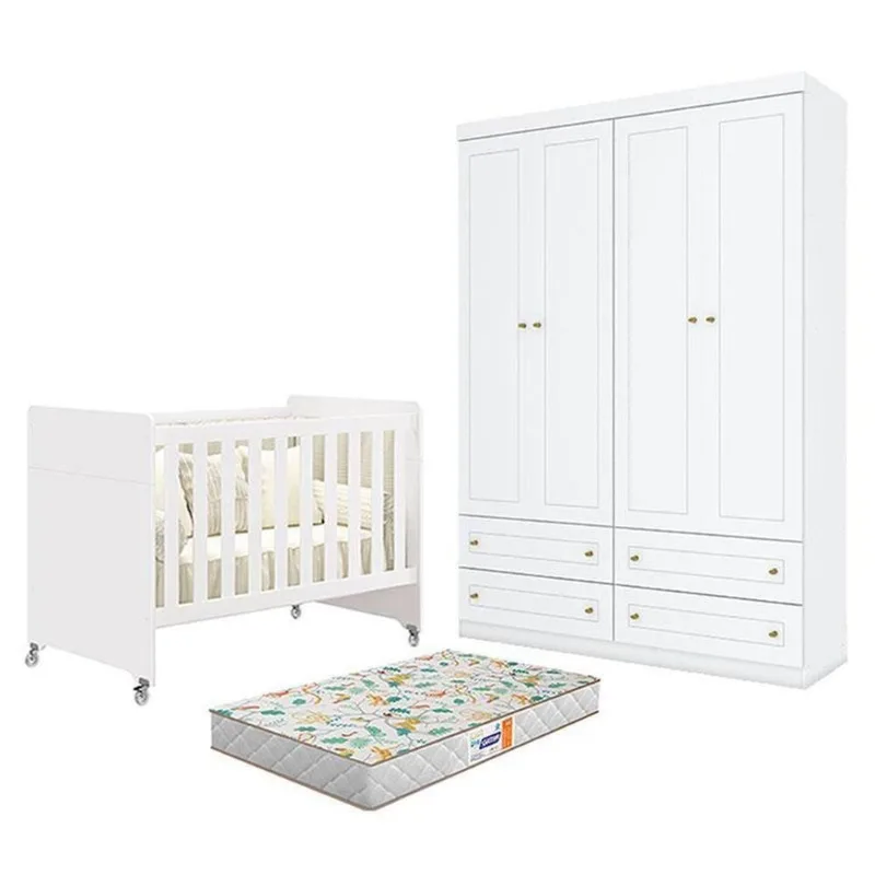 Berço com Guarda-Roupa Infantil Evolution 4 em 1 4 Portas 4 Gavetas MDF e MDP 133cm Branco Móveis