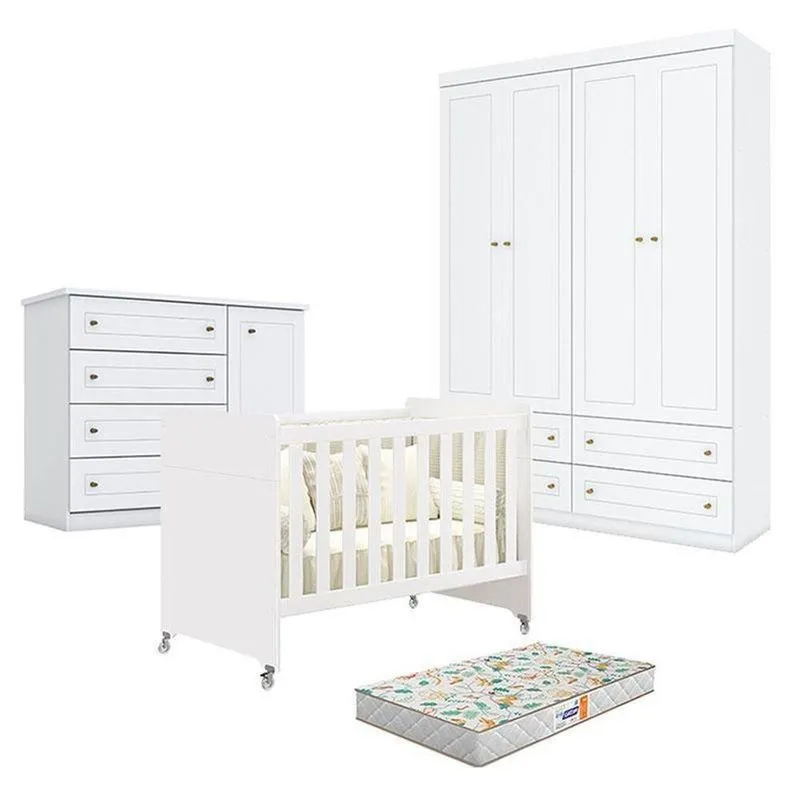 Quarto De Bebê Americano 4 Portas Com Berço Americano Evolution 4 Em 1 Branco Acetinado Reller E Colchão Gazin - Henn