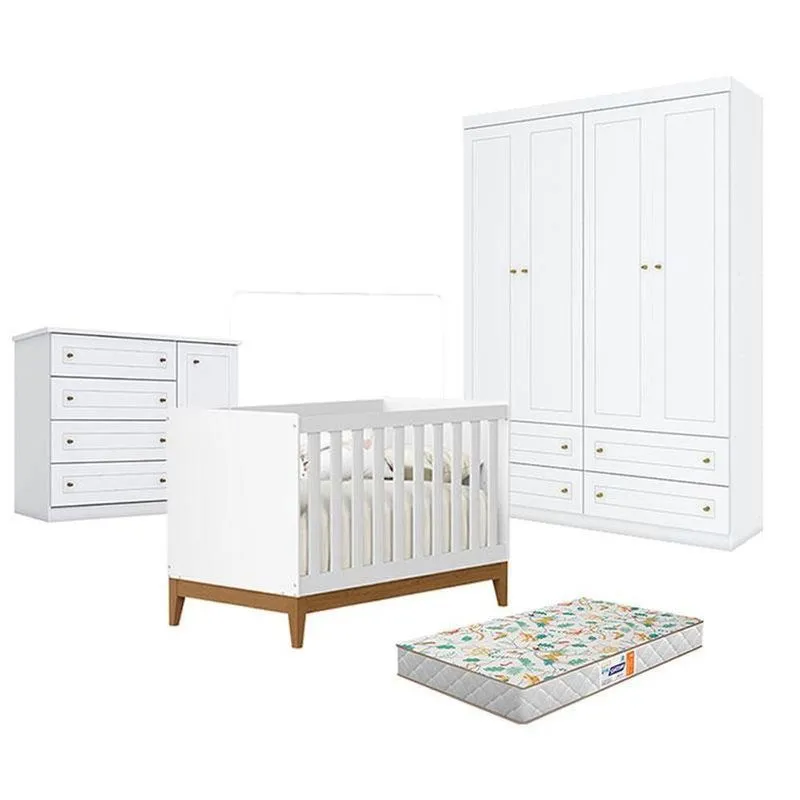 Quarto De Bebê Americano 4 Portas Com Berço Americano Flip Branco Acetinado Reller E Colchão Gazin - Henn