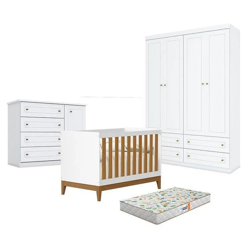 Quarto De Bebê Americano 4 Portas Com Berço Americano Flip Branco Acetinado Savana Reller E Colchão Gazin - Henn
