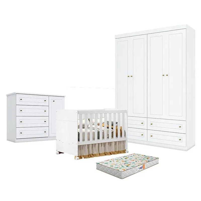 Quarto De Bebê Americano 4 Portas Com Berço Americano Katatau Branco Acetinado Reller Henn E Colchão Gazin