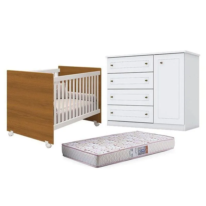 Kit Berço Nacional Mel Savana MDF Colchão Gazin Incluso Branco e Cômoda Infantil HP Móveis Henn