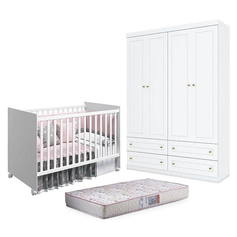 Berço Nacional Mel Branco Acetinado - Reller E Guarda Roupa Infantil Americano 4 Portas Branco Hp E Colchão Gazin - Henn