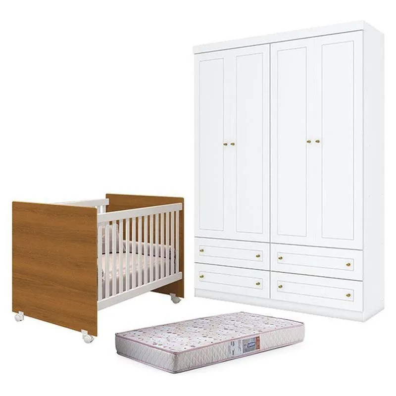 Berço Americano Nacional Mel MDF Colchão Incluso Branco Savana Reller Henn