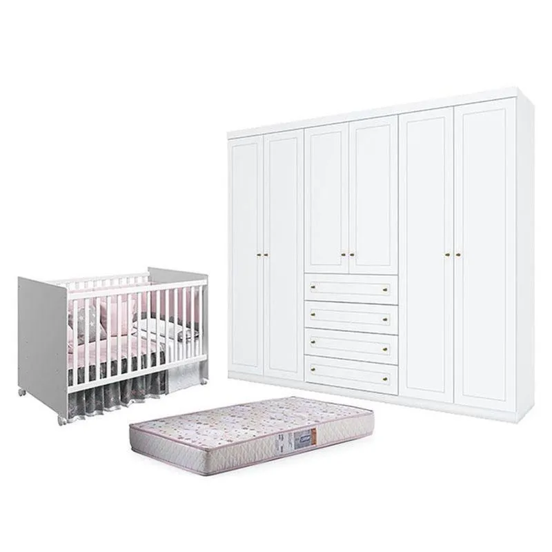 Berço Nacional Mel Branco Acetinado - Rellereguarda Roupa Casal Americano 6 Portas Branco Hp E Colchão Gazin - Henn