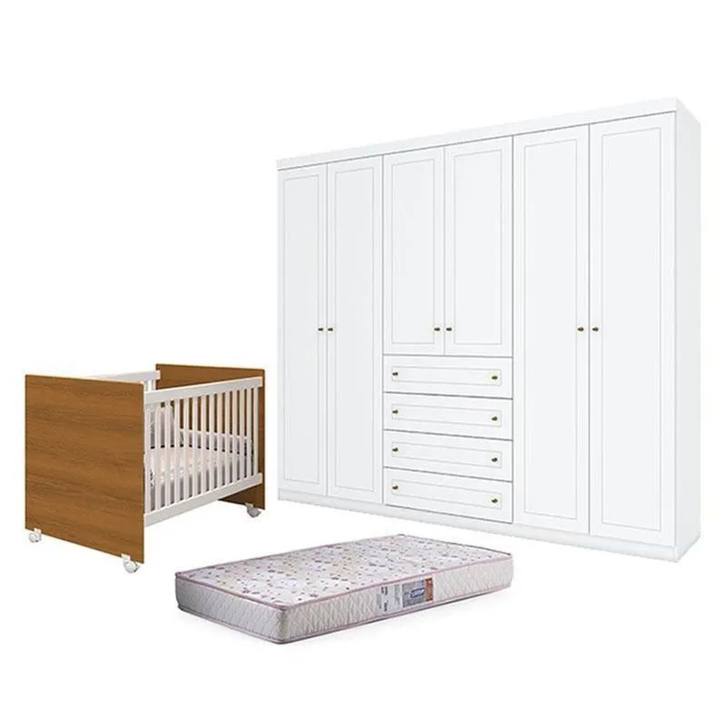 Kit Berço Nacional Mel Savana Mdf Com Colchão Incluso Branco E Guarda Roupa Casal 6 Portas Branco Hp