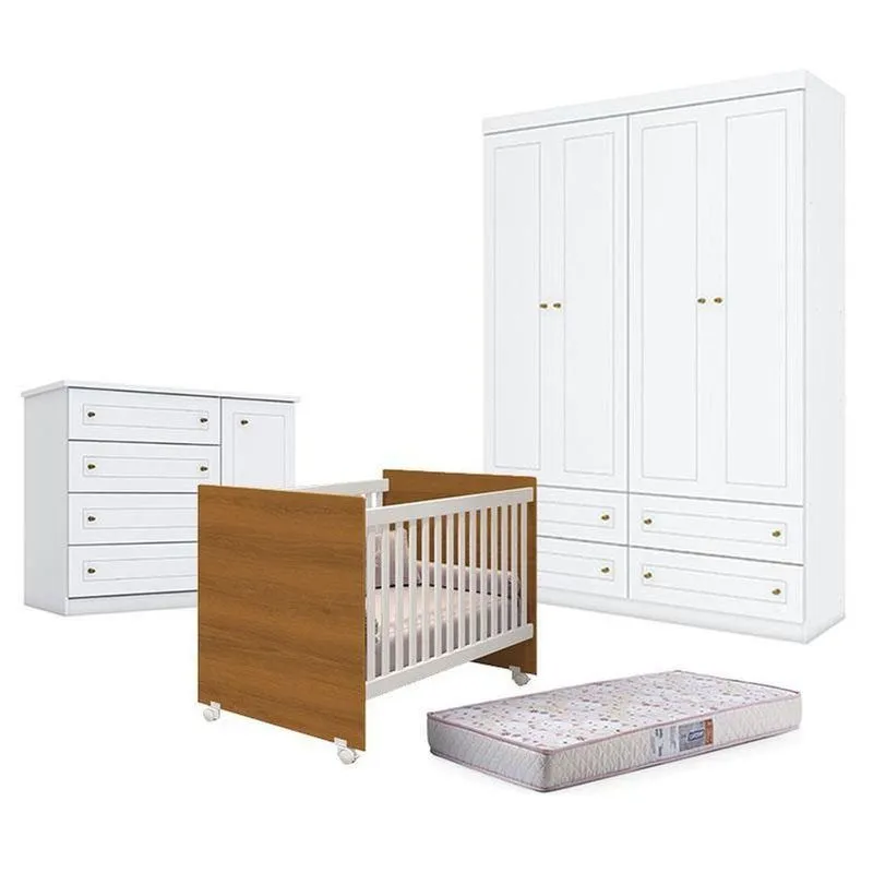 Quarto De Bebê Americano Com Berço Nacional Mel Branco Colchão Incluso Móveis Henn