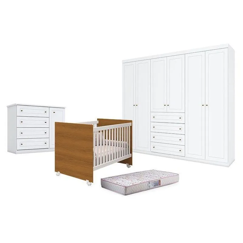 Quarto De Bebê Americano Mel 6 Portas 4 Gavetas Mdf-mdp 120cm Branco Móveis Henn Com Berço Cômoda