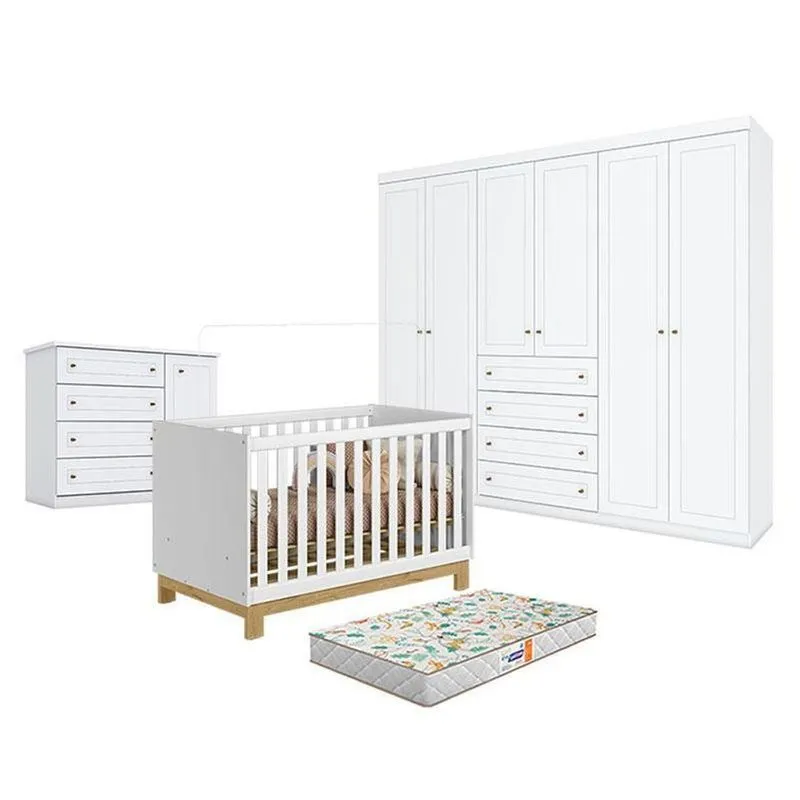 Quarto De Bebê Encanto Slim 6 Portas 4 Gavetas MDP E MDF 74cm Branco Acetinado Qmovi