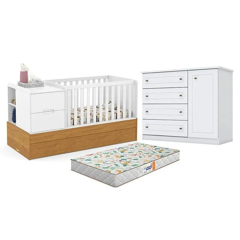Berço Multifuncional Americano Formare MDF com Cômoda e Colchão Incluso Branco Freijó Matic Móveis