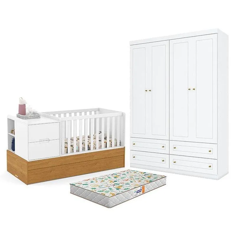 Berço Multifuncional Formare Com Guarda Roupa 4 Portas 4 Gavetas MDF E MDP Branco Freijó Matic