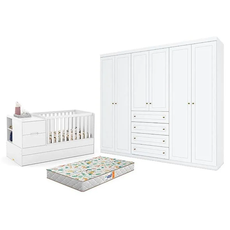 Conjunto Berço Multifuncional Formare Guarda Roupa 6 Portas MDF MDP 193cm Branco Matic Móveis