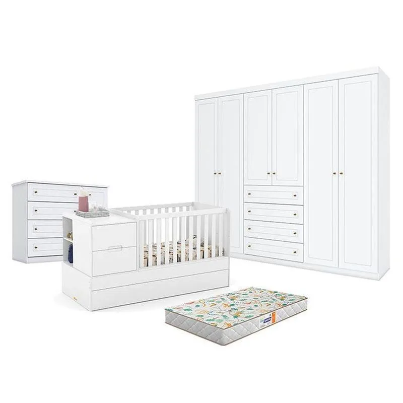 Quarto De Bebê Formare 6 Portas 4 Gavetas Mdf E Mdp Branco Acetinado Com Berço Multifuncional Matic