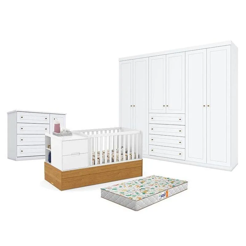 Quarto De Bebê Americano 6 Portas Comberço Americano Multifuncional Formare Branco Freijó - Matic E Colchão Gazin