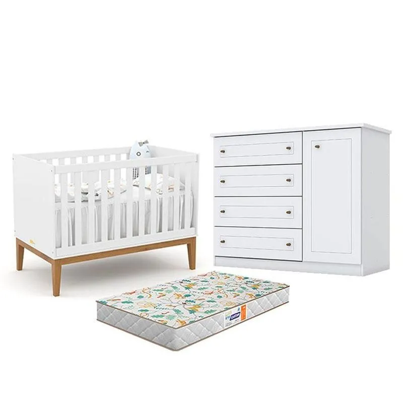 Berço Americano Unique Branco Soft Eco Wood - Matice Cômoda Infantil Americano Branco Hp E Colchão Gazin - Henn