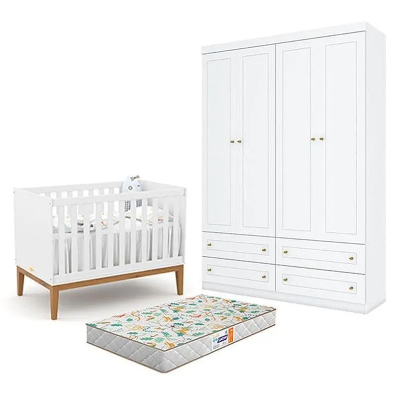 Conjunto Infantil Berço Unique E Guarda Roupa 4 Portas 4 Gavetas MDF E MDP Branco Soft Eco Wood