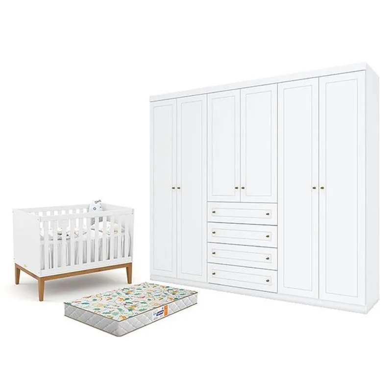 Conjunto Berço Guarda Roupa 6 Portas Unique Mdf Mdp 262cm Branco Matic Móveis