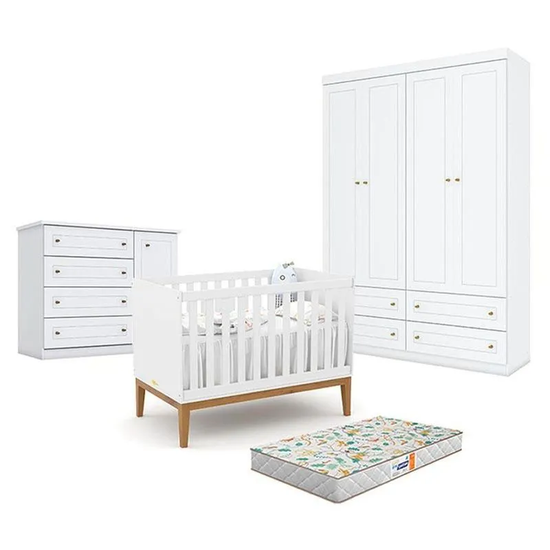Quarto De Bebê Americano 4 Portas Comberço Americano Unique Branco Soft Eco Wood - Matic- Henn E Colchão Gazin