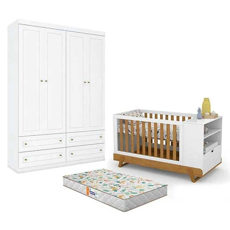 Conjunto Berço Multifuncional Bkids Com Guarda Roupa 4 Portas E Colchão Mdf Branco Freijó Eco Wood