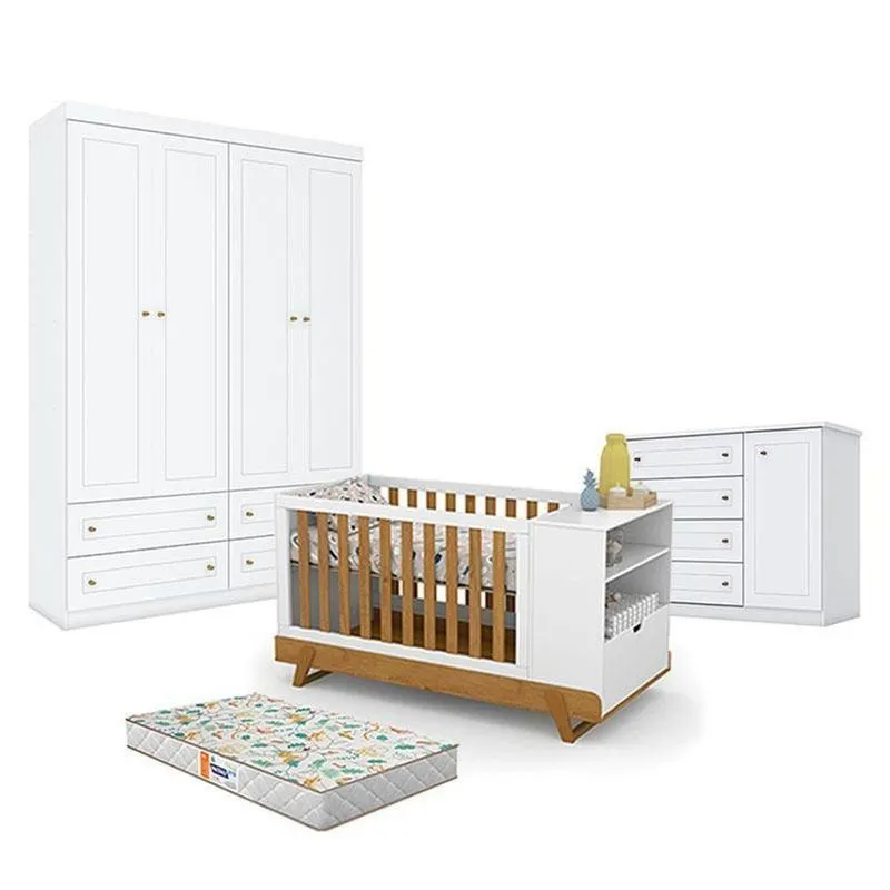 Quarto De Bebê Americano 4 Portas Comberço Multifuncional Bkids Branco Freijó Eco Wood - Matic- Henn E Colchão Gazin