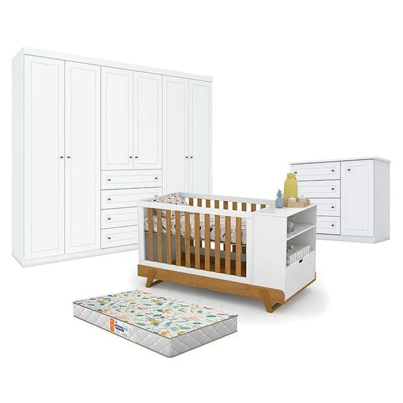 Quarto De Bebê Americano 6 Portas Com Berço Multifuncional Bkids Branco Freijó Eco Wood - Matic - Henn E Colchão Gazin