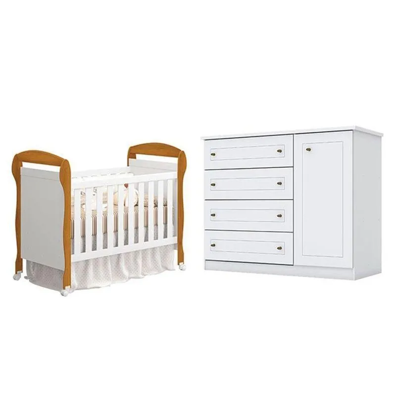 Berço Americano Danny Branco Acetinado Savana Reller E Cômoda Infantil Americano Branco Hp- Henn