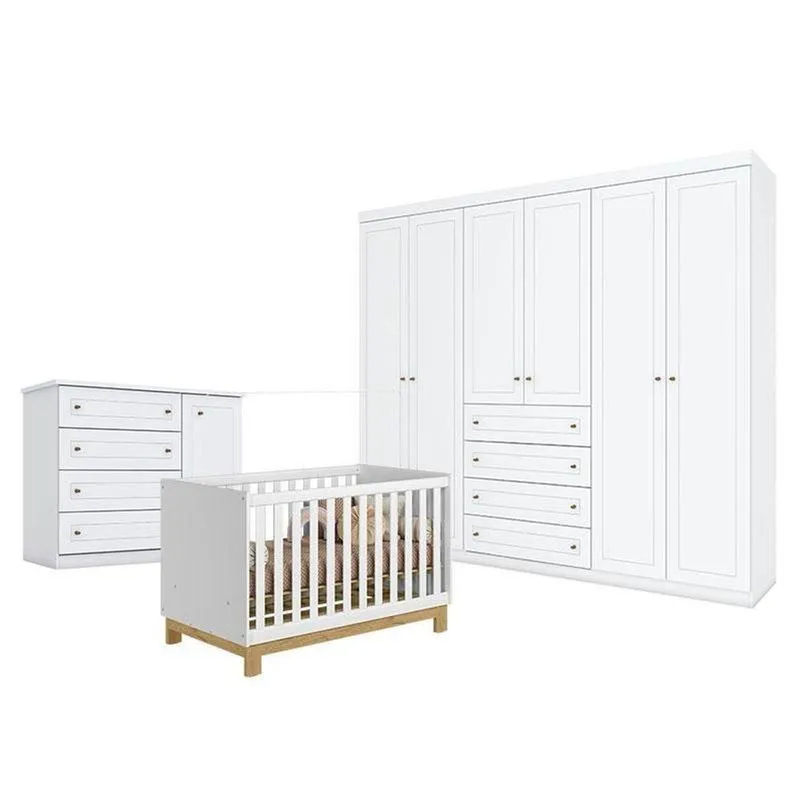 Quarto De Bebê Americano 6 Portas Comberço Americano Mini Cama Q Encanto Slim Branco Acetinado - Qmovi- Henn