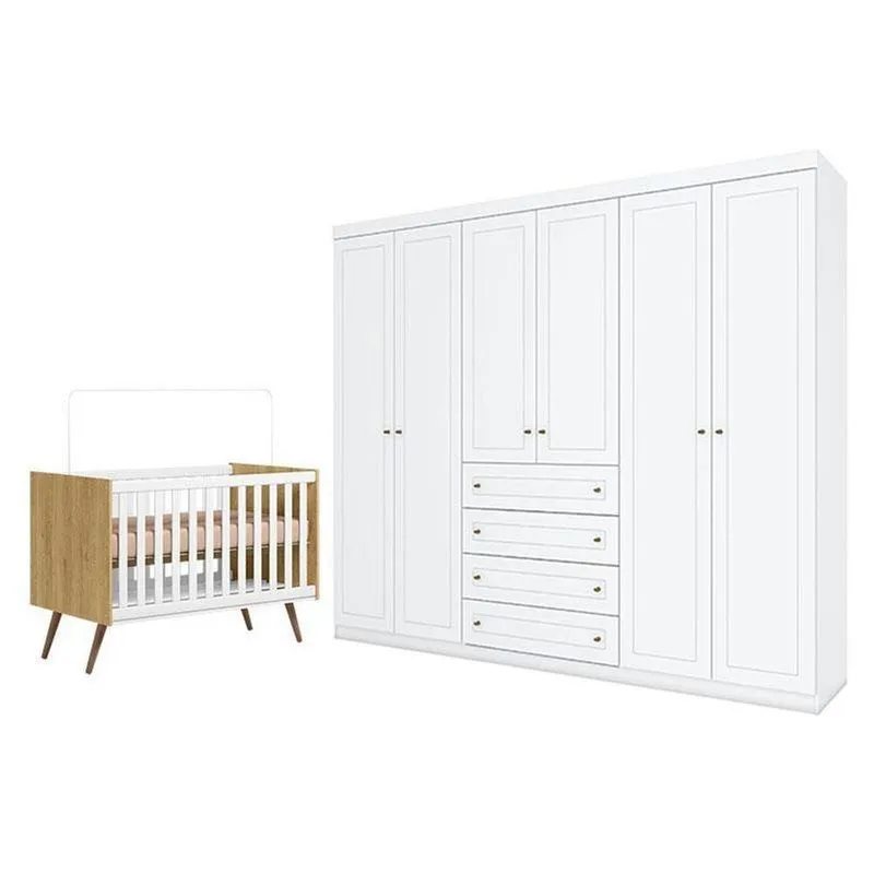 Conjunto Berço Americano Q Encanto 3820 Retrô E Guarda Roupa 6 Portas Mdf Branco Qmovi