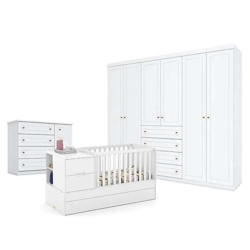 Quarto De Bebê Americano 6 Portas Comberço Americano Multifuncional Formare Branco Acetinado - Matic- Henn