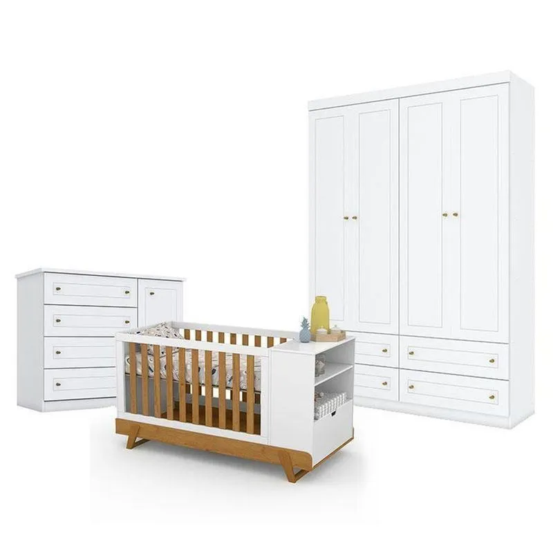 Quarto De Bebê Americano 4 Portas Comberço Multifuncional Bkids Branco Freijó Eco Wood - Matic- Henn