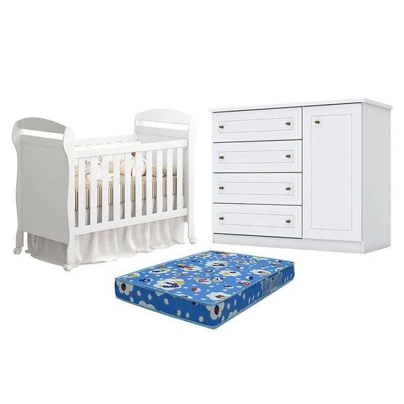 Berço Americano Danny Branco Acetinado Reller E Cômoda Infantil Americano Branco Hp E Colchão Ortobom - Henn