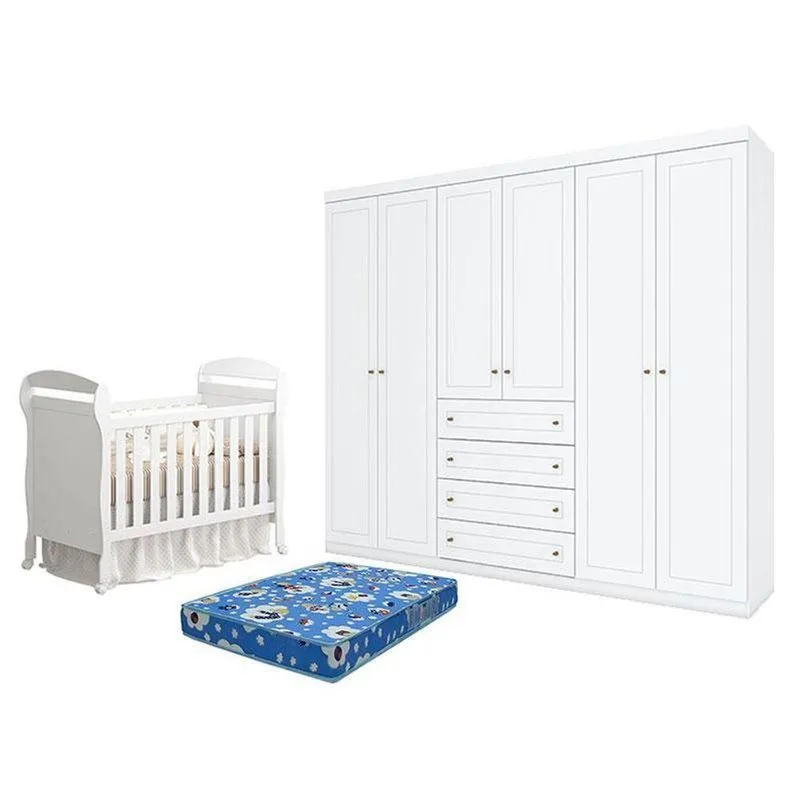 Kit Berço Danny E Guarda Roupa 6 Portas Com Colchão Branco Móveis Henn