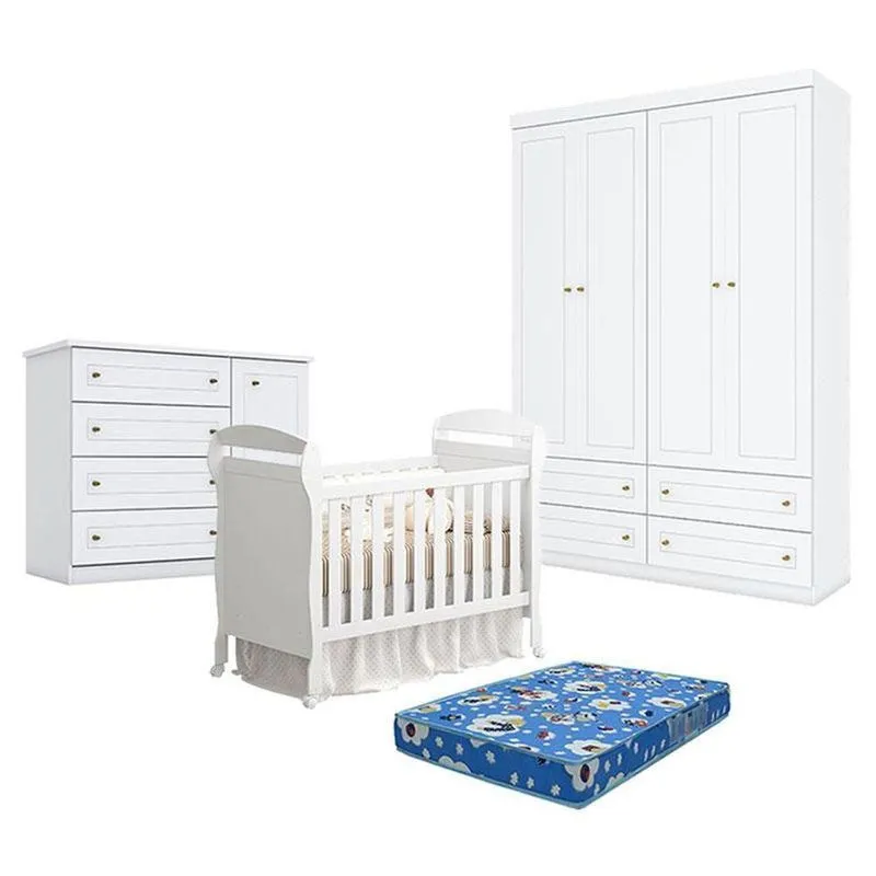 Quarto De Bebê Americano 4 Portas Com Berço Danny Branco Acetinado Reller E Colchão Tendtudo - Henn
