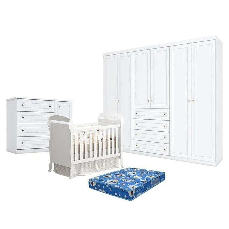 Quarto De Bebê Americano 6 Portas Com Berço Danny Branco Acetinado Reller E Colchão Tendtudo - Henn