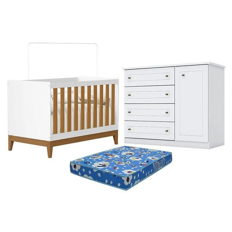 Berço Americano Flip Branco Acetinado Savana Reller E Cômoda Infantil Americano Branco Hp E Colchão Tendtudo - Henn