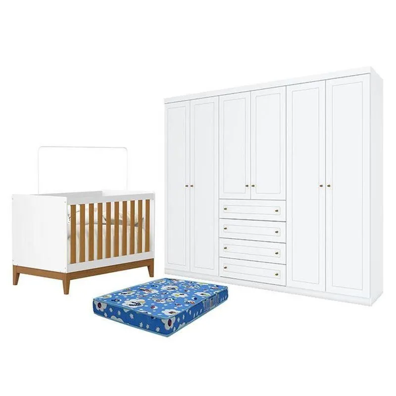 Berço Americano Flip MDF Colchão Incluso E Guarda Roupa Branco Móveis Henn