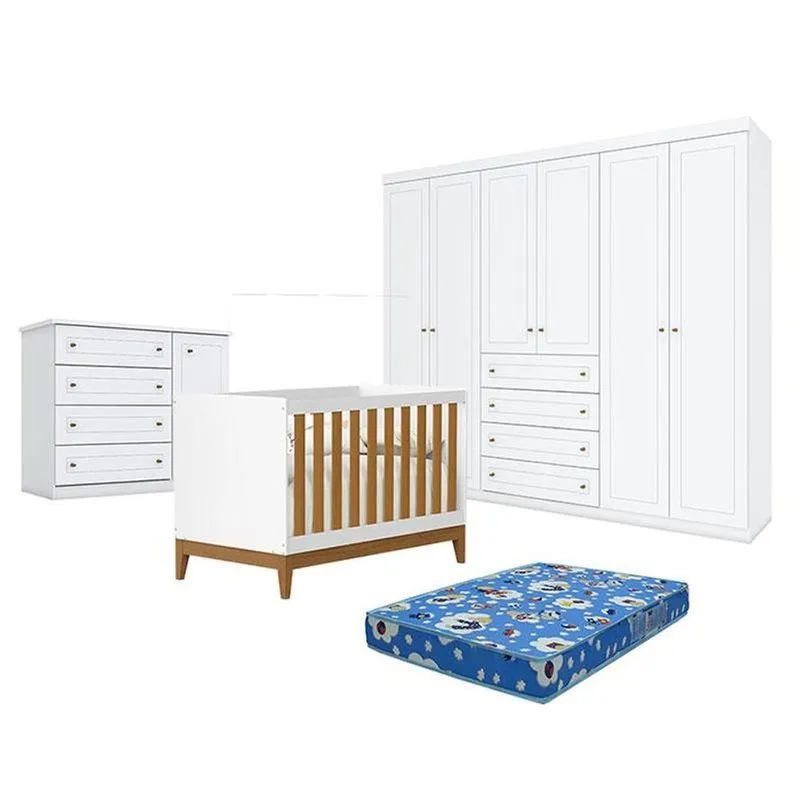 Quarto De Bebê Americano 6 Portas Com Berço Americano Flip Branco Acetinado Savana Reller E Colchão Tendtudo - Henn
