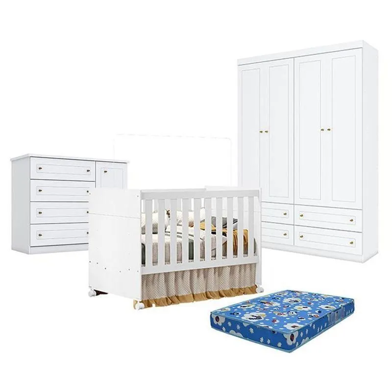 Quarto De Bebê Americano Com Berço Katatau Mdf Colchão Incluso Branco Móveis Henn