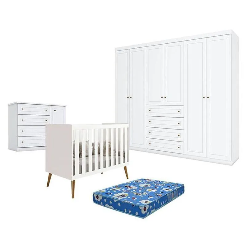 Quarto De Bebê Americano 6 Portas Comberço Americano Katatau Branco Acetinado Reller Henn E Colchão