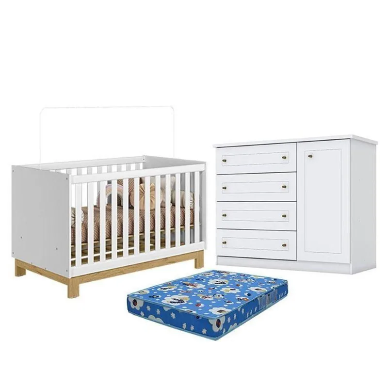 Kit Berço Americano Mini Cama Q Encanto Slim MDP Colchão Incluso Branco Qmovi