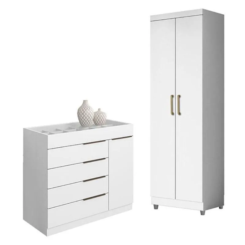 Cômoda Sapateira Sevilha 2004147 E Armário Multiuso 2000191 Branco Tx Com Pés Cinza - Aramóveis